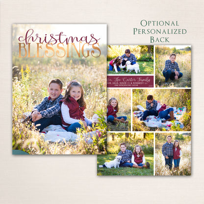 Vertical Christmas photo card with “Christmas BLESSINGS” in gold lettering over a full-family photo, and a photo collage on the back.