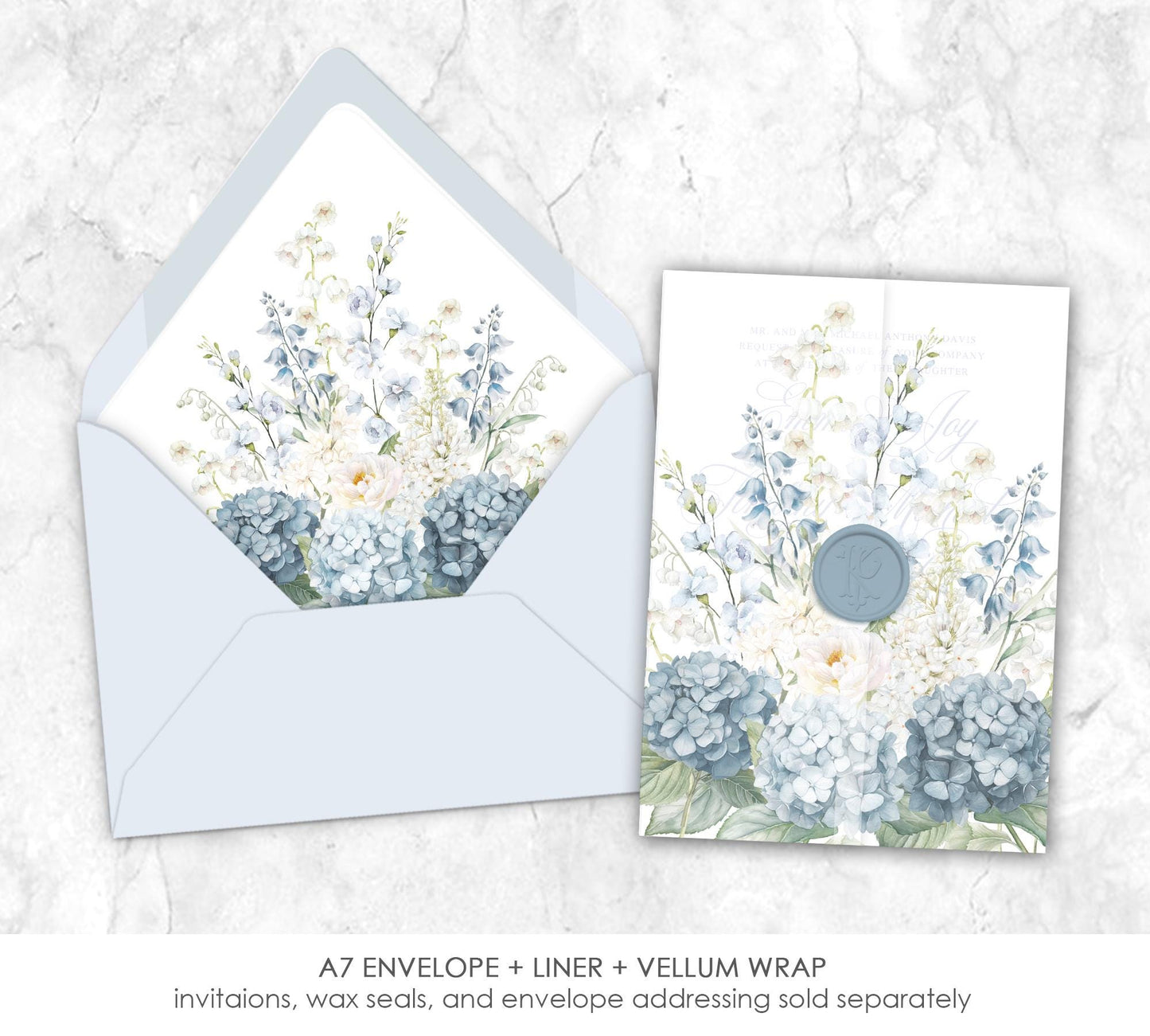 Dusty Blue and white floral Vellum Wrap  + Matching Envelope