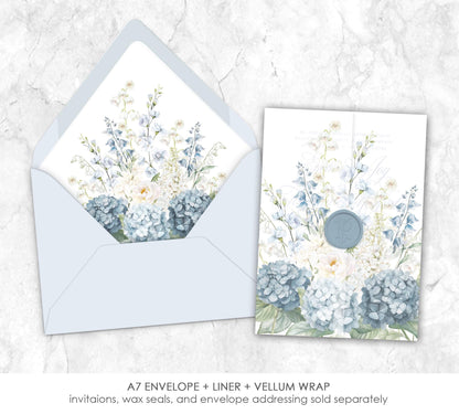 Dusty Blue and white floral Vellum Wrap  + Matching Envelope