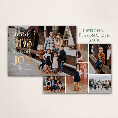 Religious Christmas photo card with “good TIDINGS of great JOY” in gold lettering over a full-family photo, and a photo collage on the back.