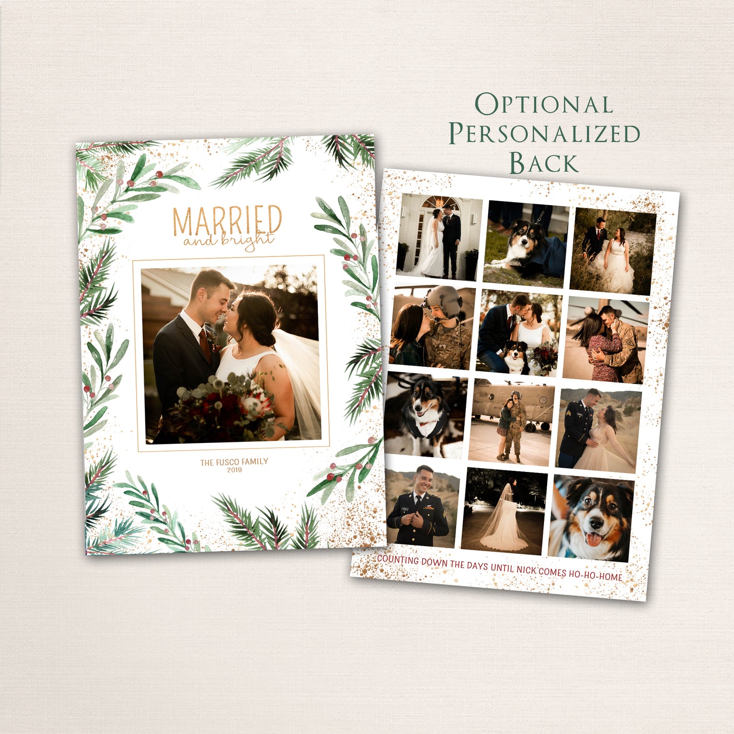 Elegant watercolor greenery Christmas photo card with “MARRIED and bright” in gold text, pine and berry botanical border, and optional personalized photo collage back.