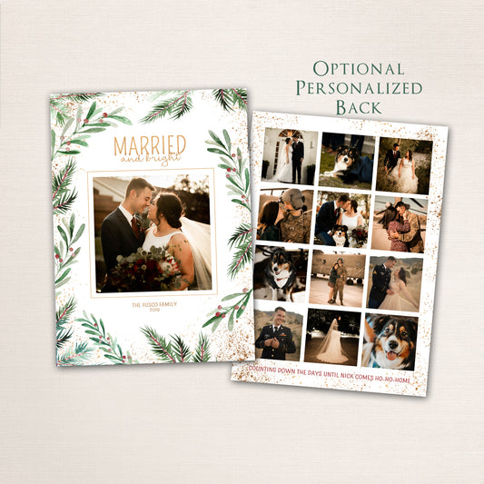 Elegant watercolor greenery Christmas photo card with “MARRIED and bright” in gold text, pine and berry botanical border, and optional personalized photo collage back.