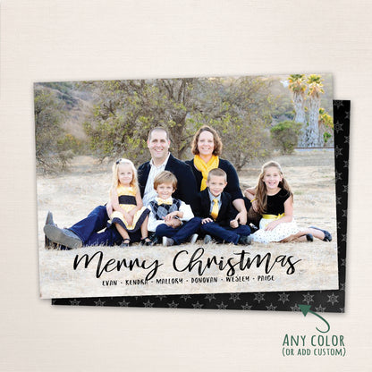 Family photo Christmas card with elegant “Merry Christmas” script and customizable text over a full-photo layout.