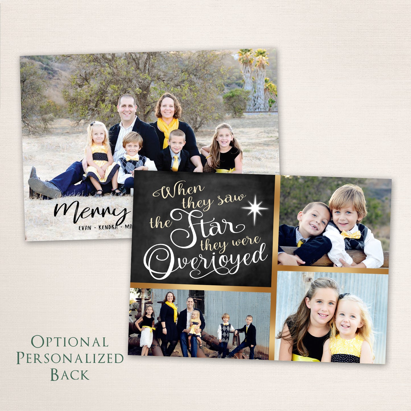 Modern Christmas photo card featuring handwritten typography and optional personalized back for additional photos or message.