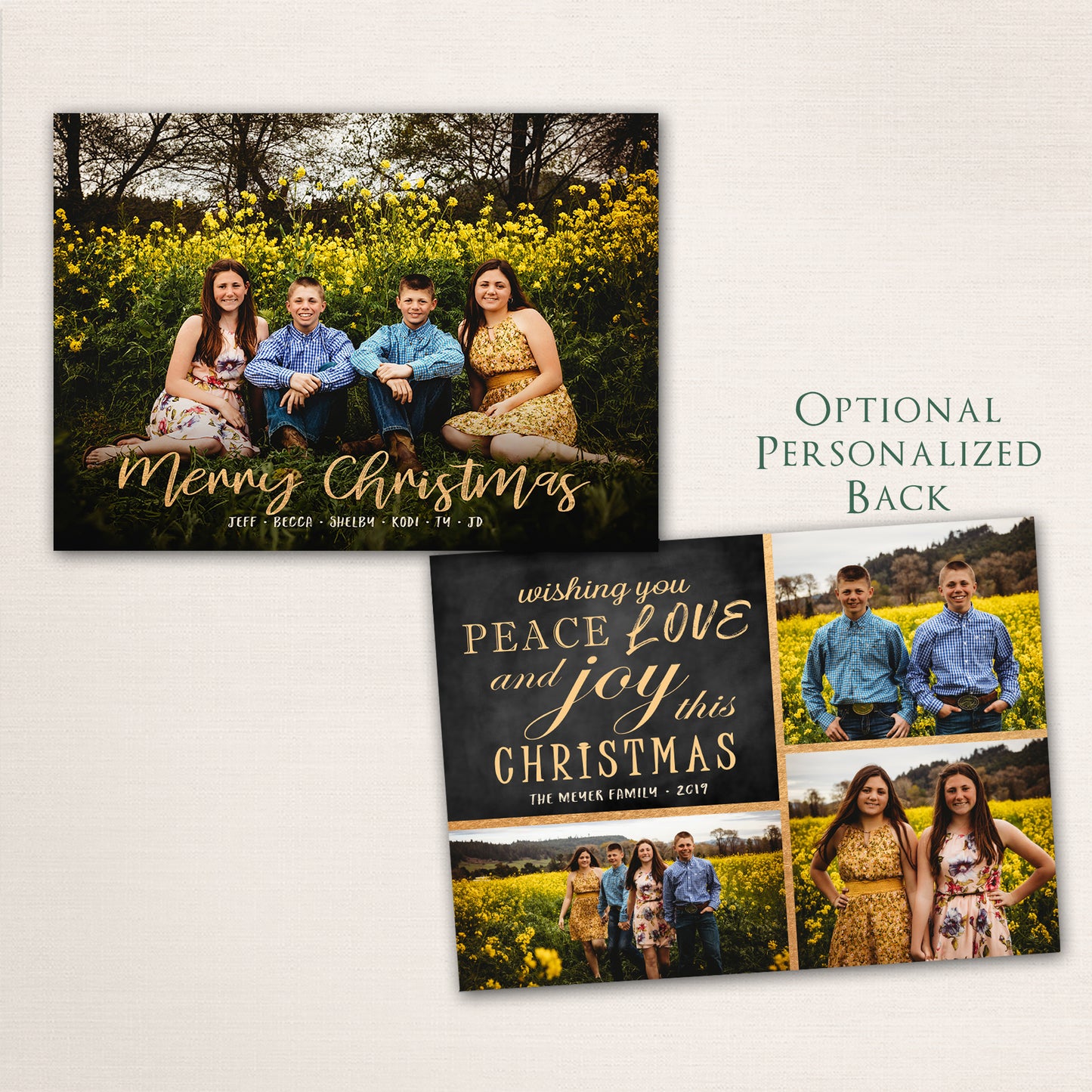Holiday card with full-family portrait and elegant black or gold handwritten Merry Christmas lettering.