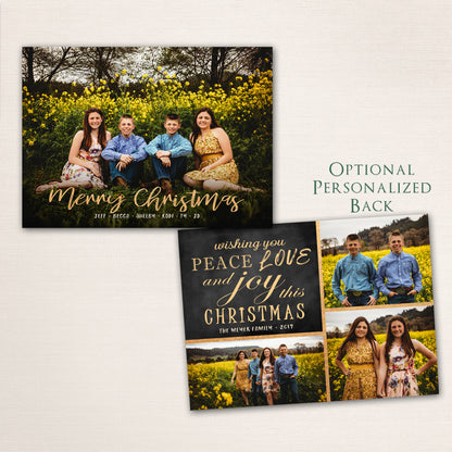 Holiday card with full-family portrait and elegant black or gold handwritten Merry Christmas lettering.