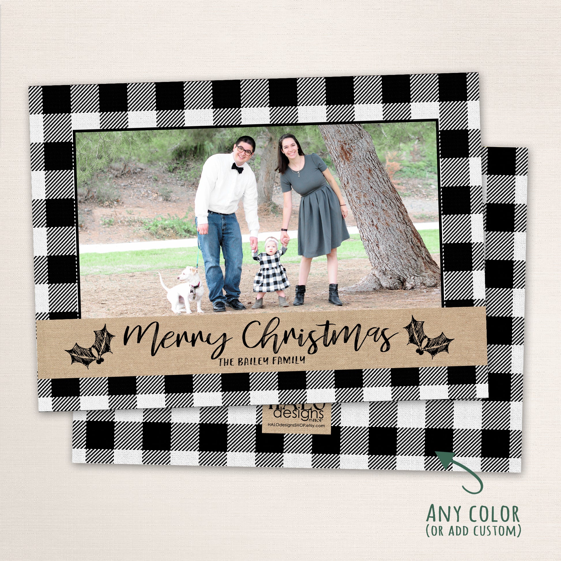 Rustic buffalo plaid Christmas photo card with black and white checkered border, handwritten Merry Christmas text, and kraft-style accent strip.