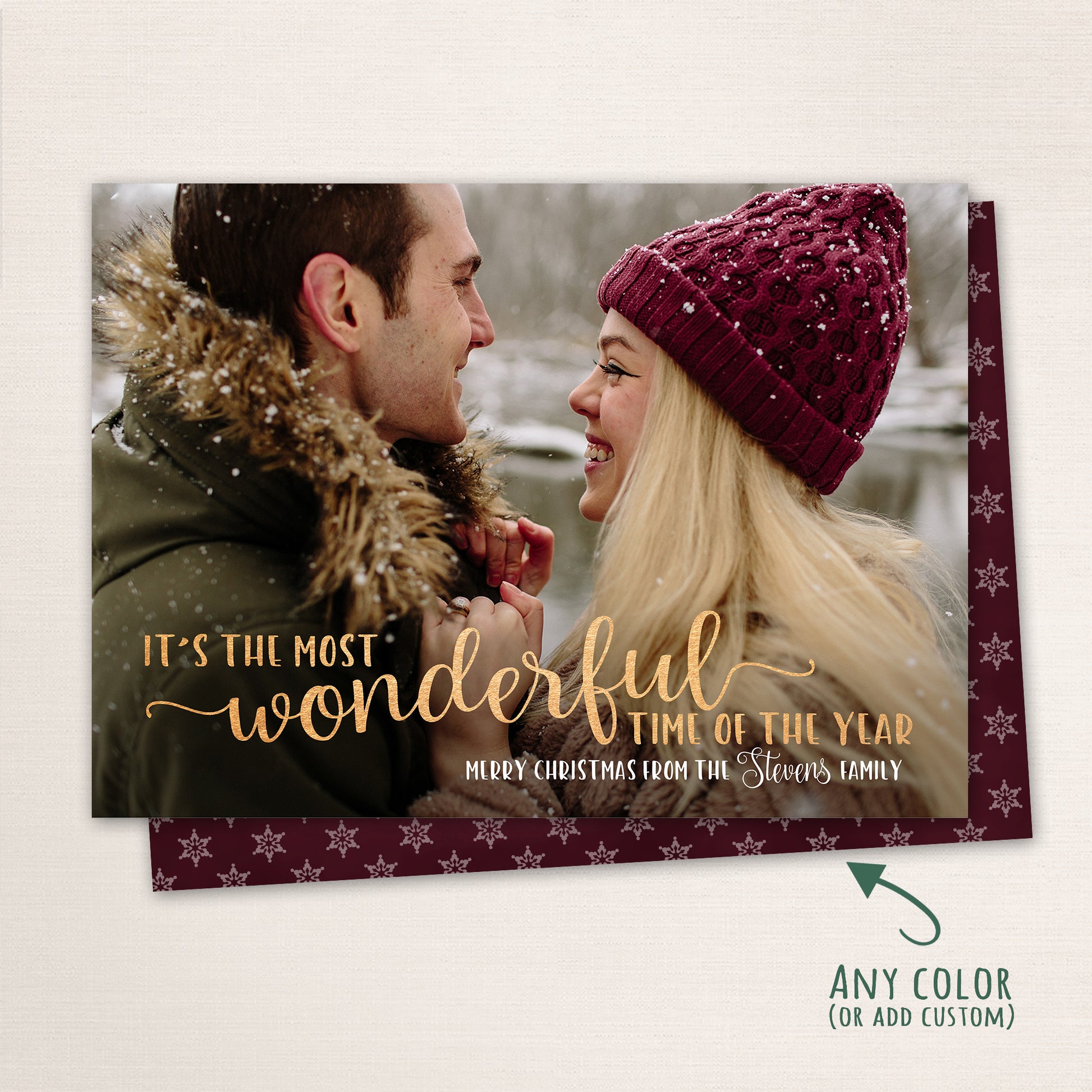 Festive holiday photo card with “It’s the Most Wonderful Time of the Year” script overlay and a personalized family name.