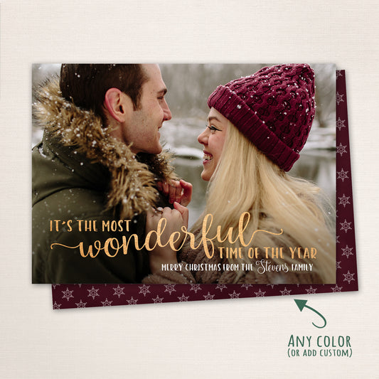 Festive holiday photo card with “It’s the Most Wonderful Time of the Year” script overlay and a personalized family name.