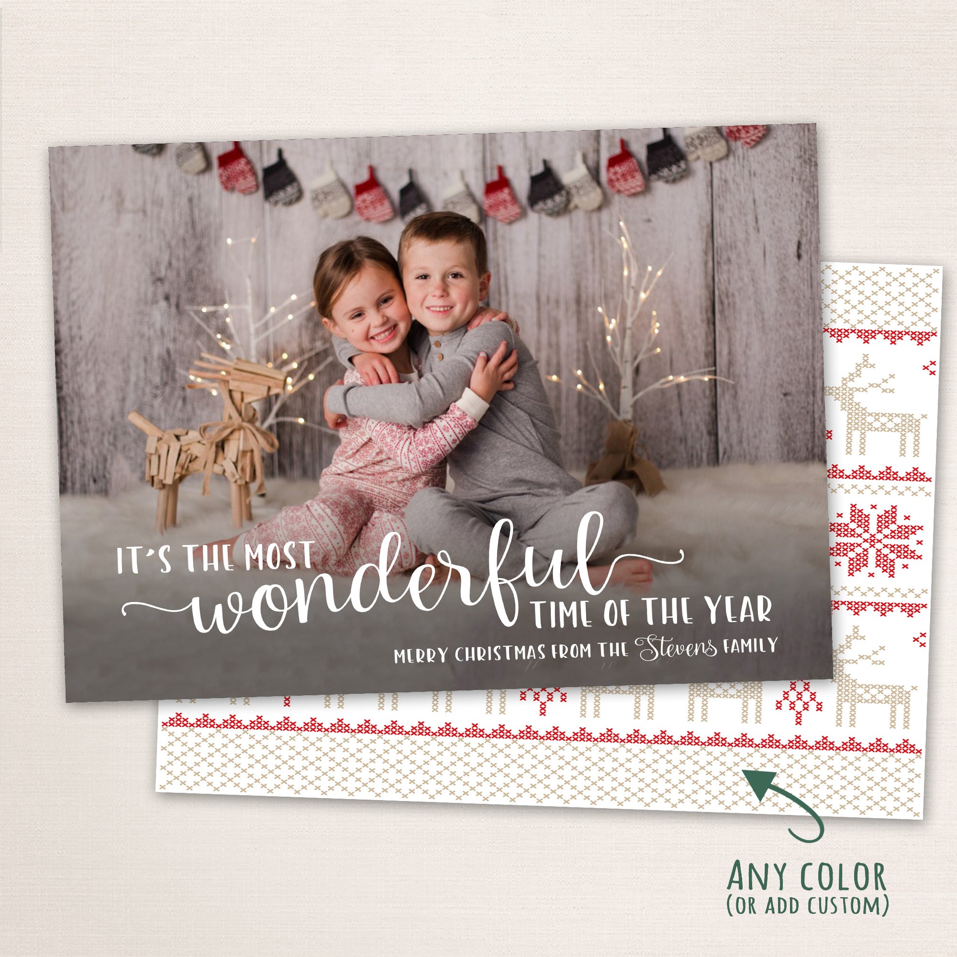 Christmas photo card featuring cozy winter imagery, fun typography, and customizable colors and patterns.