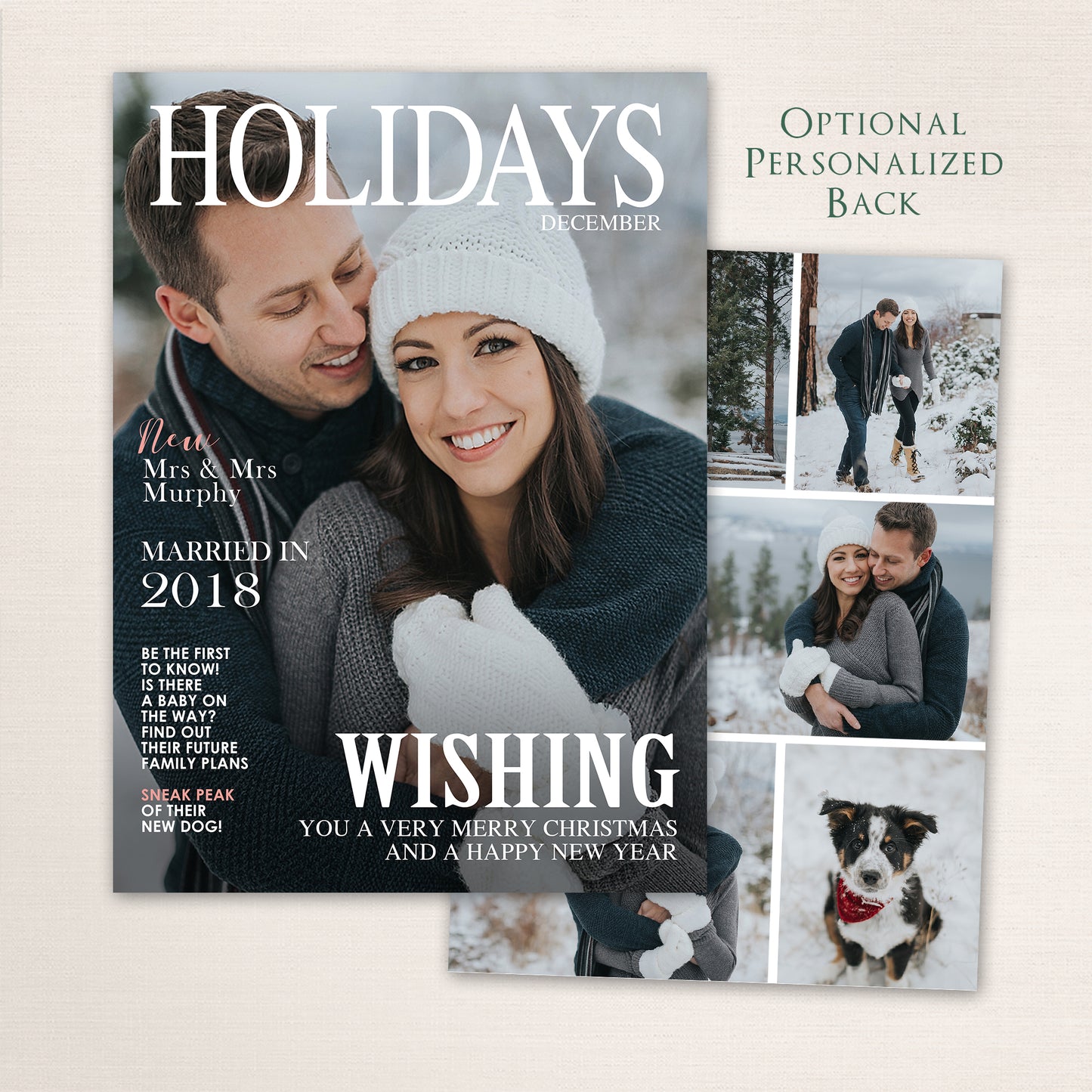 Magazine-style Christmas card with couple outdoors and matching personalized photo collage back.