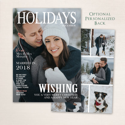 Magazine-style Christmas card with couple outdoors and matching personalized photo collage back.
