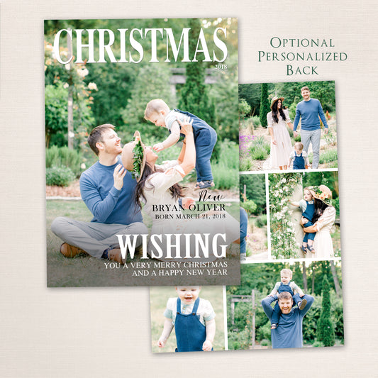 Elegant outdoor family magazine cover Christmas card with baby and parents, customizable year and message.