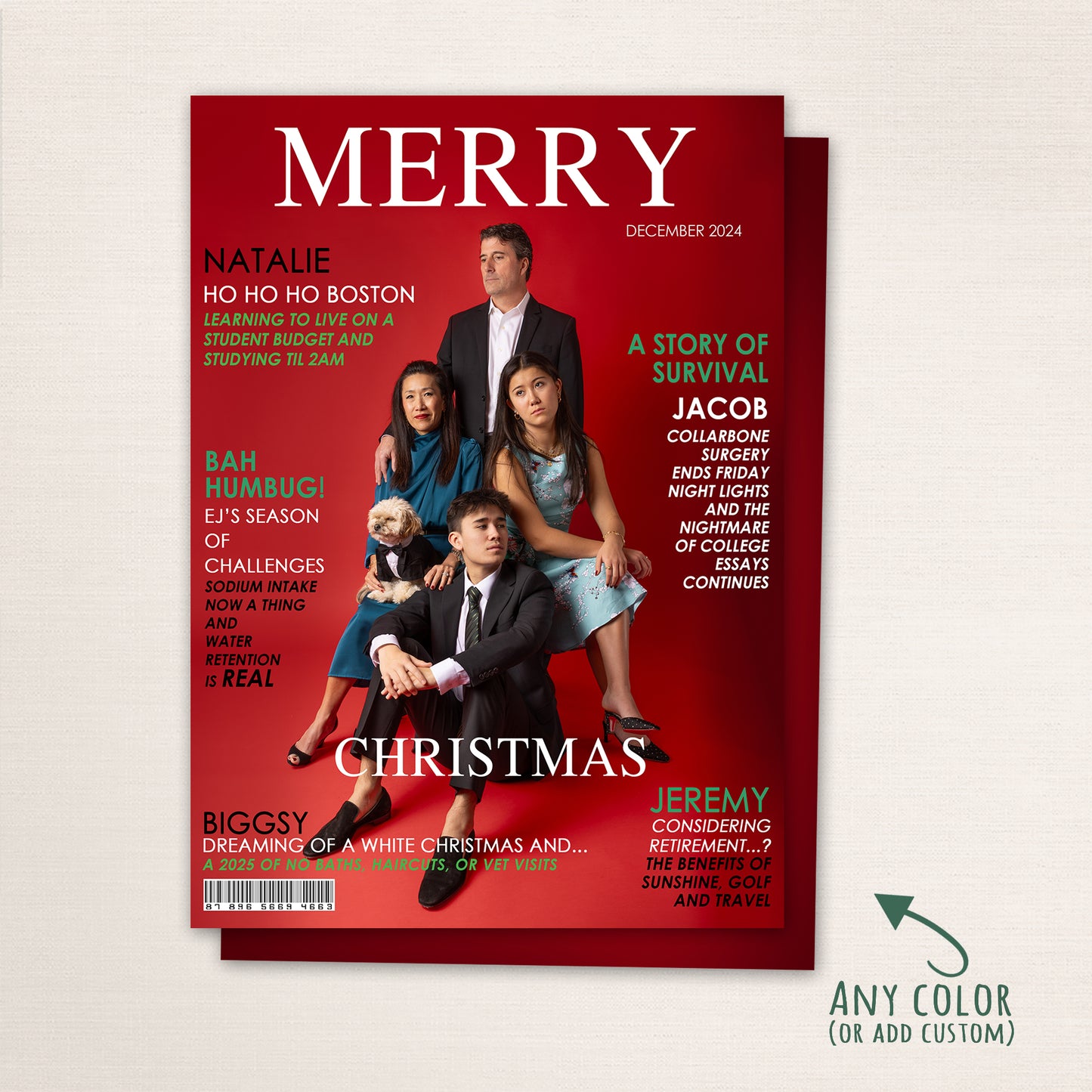 Modern family magazine-style Christmas card with traditional Christmas colors used for the headings.