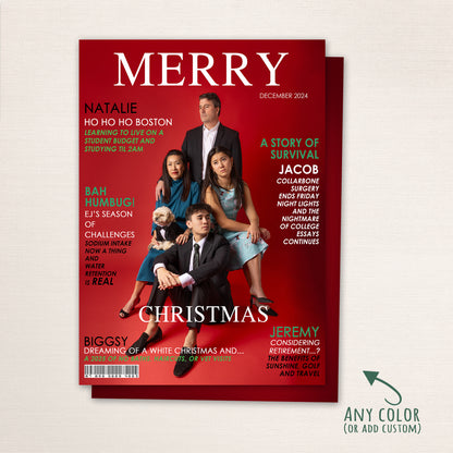 Modern family magazine-style Christmas card with traditional Christmas colors used for the headings.