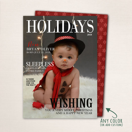 Holiday magazine cover card with baby in snowman outfit and red scarf, featuring playful text and customizable details.