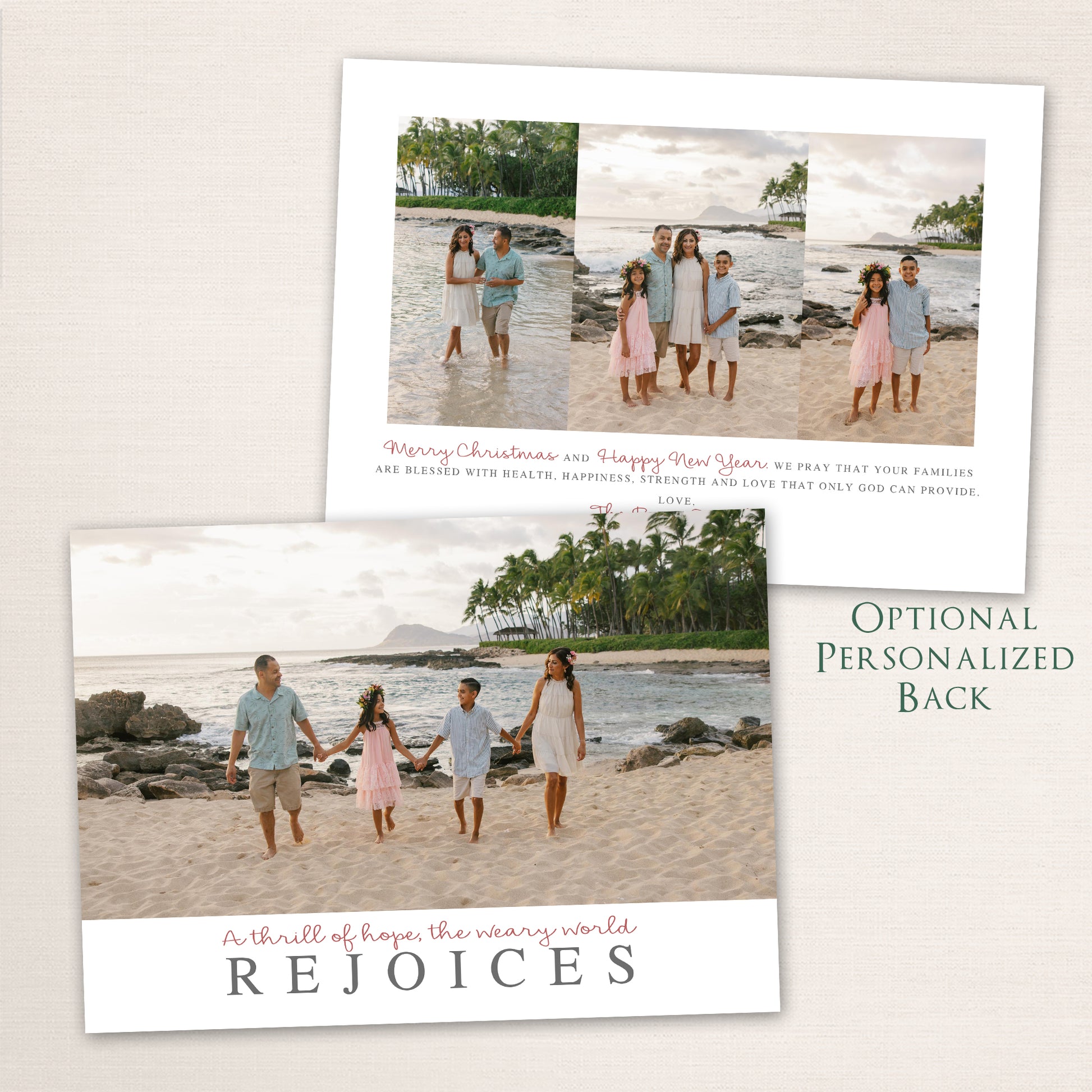 Family photo Christmas card with “A thrill of hope, the weary world Rejoices” holiday message with optional personalized back with additional photos and message.