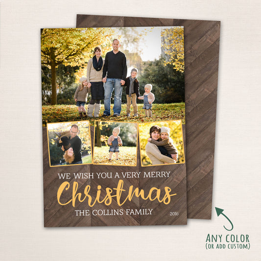 Rustic Christmas photo card with a wood background and golden “Merry Christmas” lettering. The design features a large family portrait on top and three smaller photos below, framed in coordinating soft golden hues for a cozy seasonal feel.