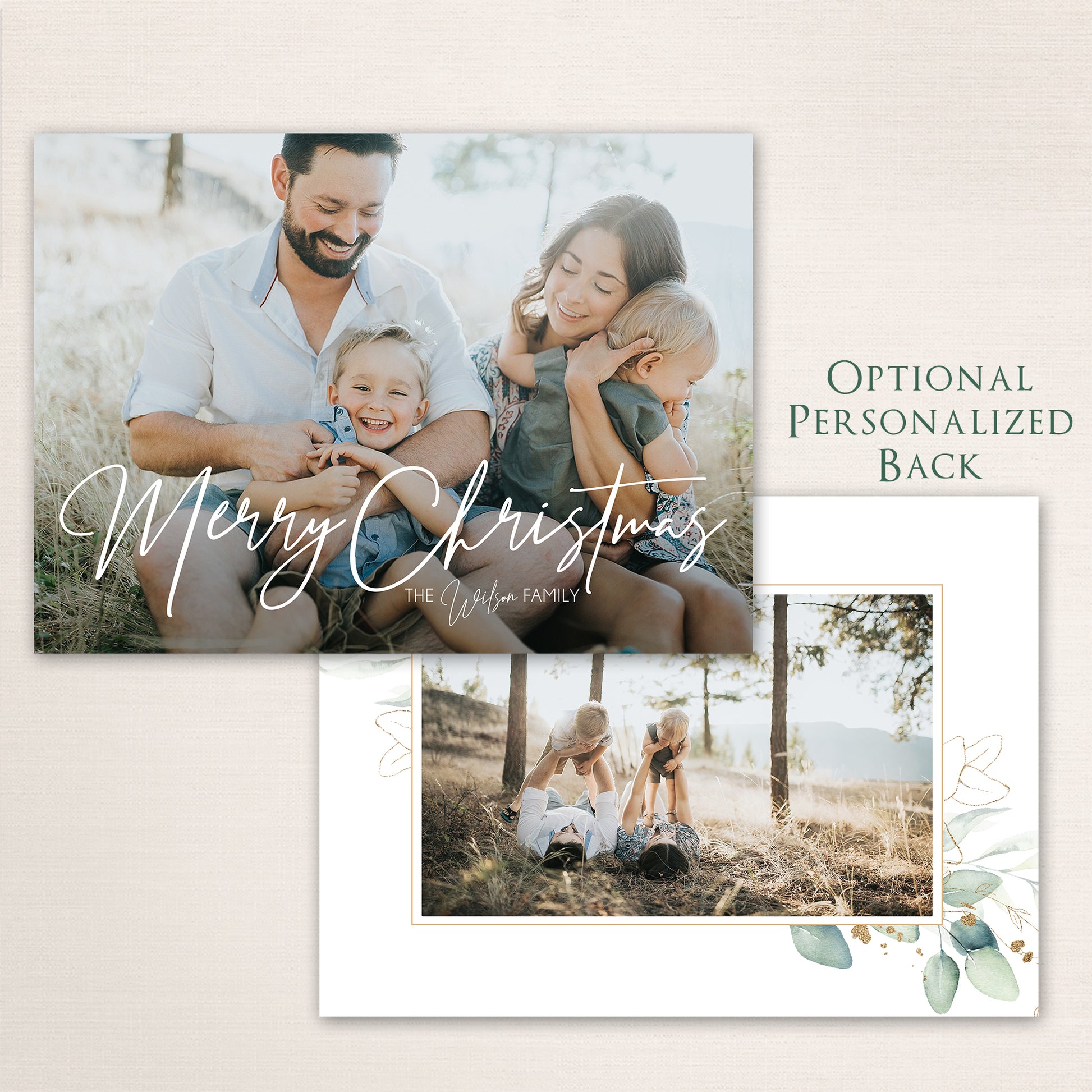 Horizontal Merry Christmas photo card with handwritten script typography, customizable text, and additional photo with a eucalyptus border on the back.