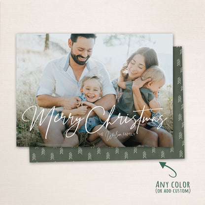 Horizontal Merry Christmas photo card with handwritten script typography, customizable text, with a mini tree pattern on the back.