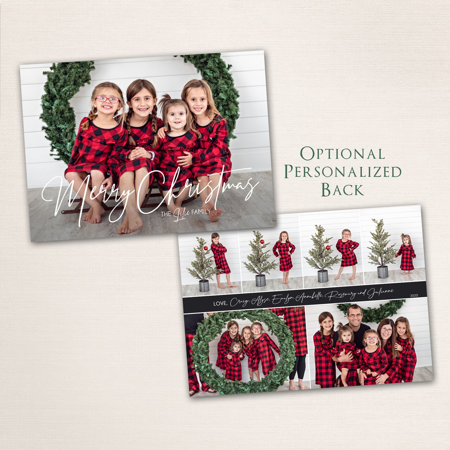 Horizontal Merry Christmas photo card with handwritten script typography, customizable text, and optional photo collage back design.