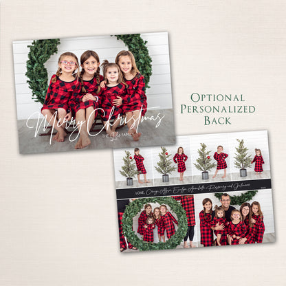 Horizontal Merry Christmas photo card with handwritten script typography, customizable text, and optional photo collage back design.