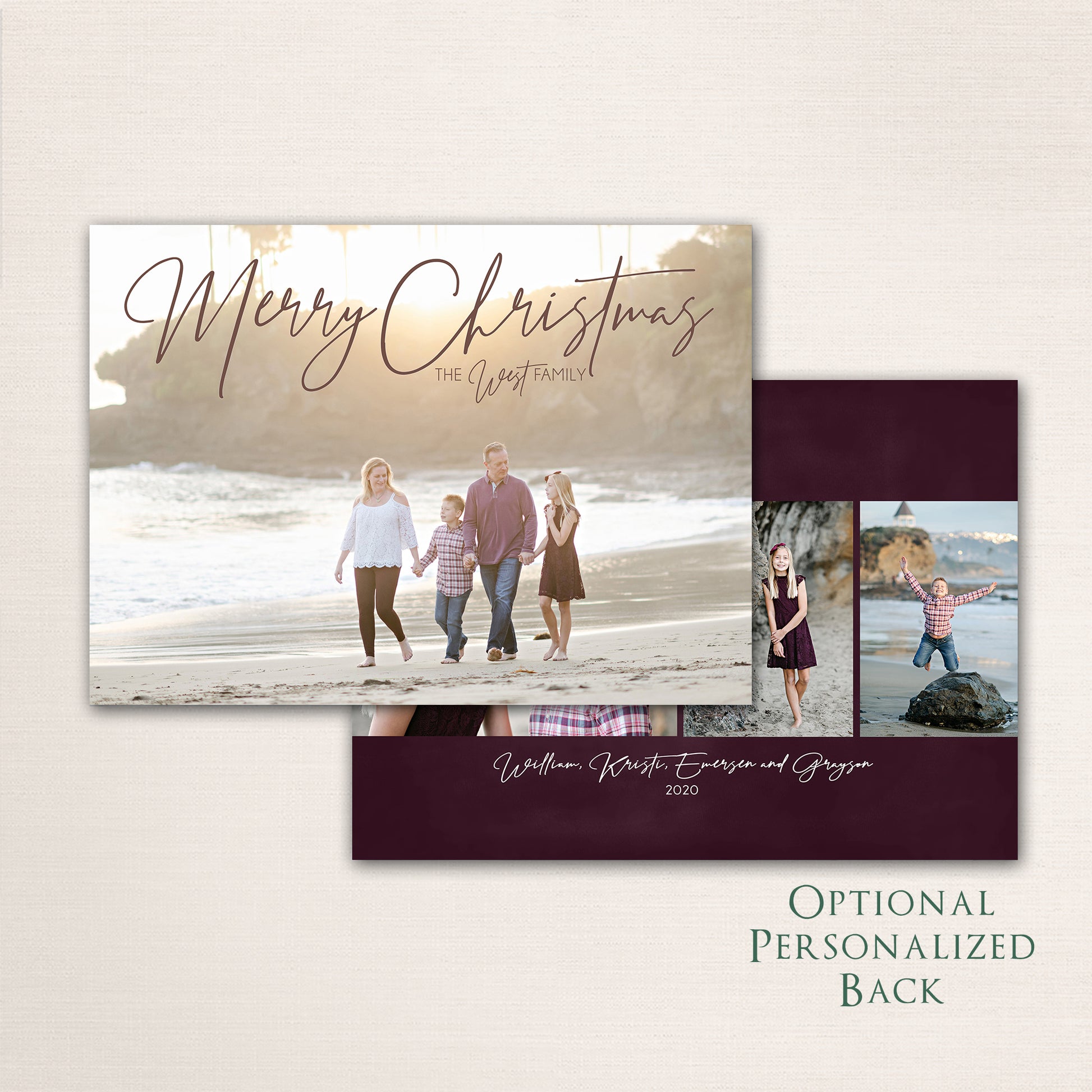 Elegant holiday photo card with modern script typography and full-bleed family photo, perfect for sharing seasonal greetings.