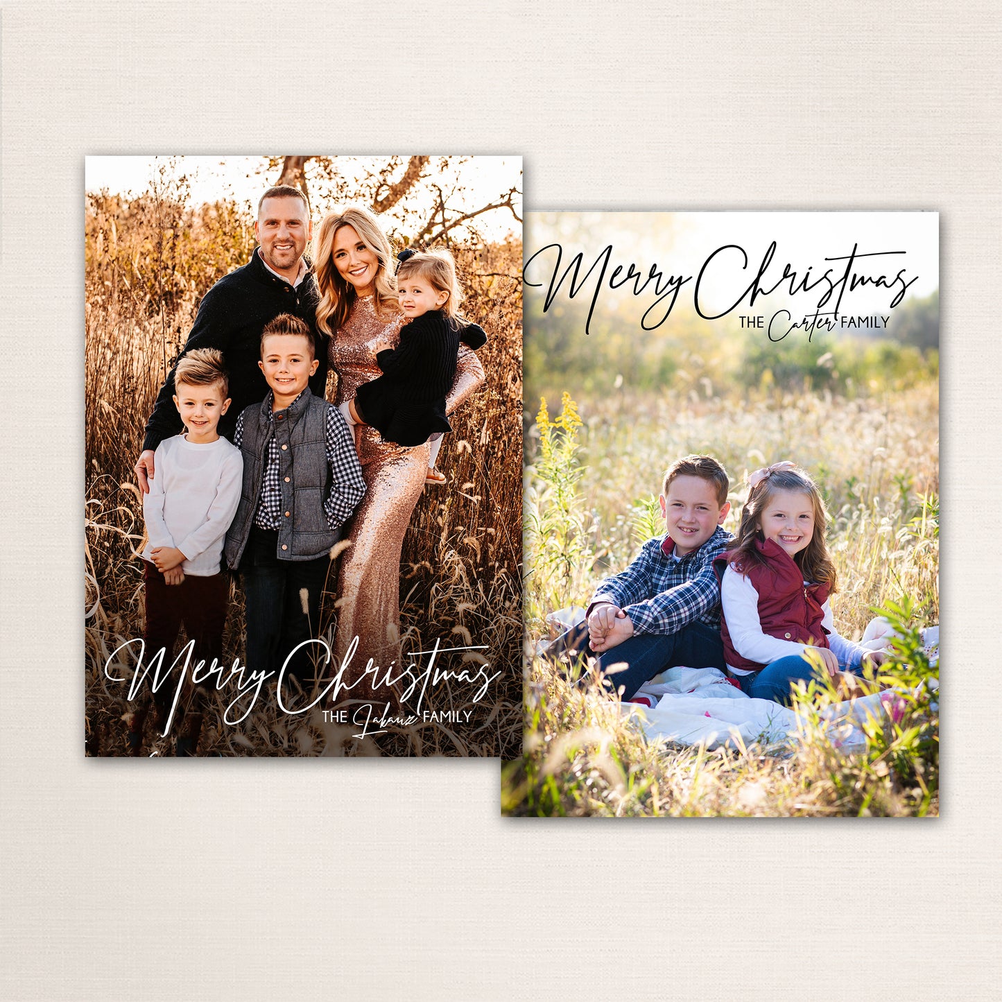 Modern family Christmas card featuring full-photo layout with elegant script reading “Merry Christmas” and personalized family name overlay.