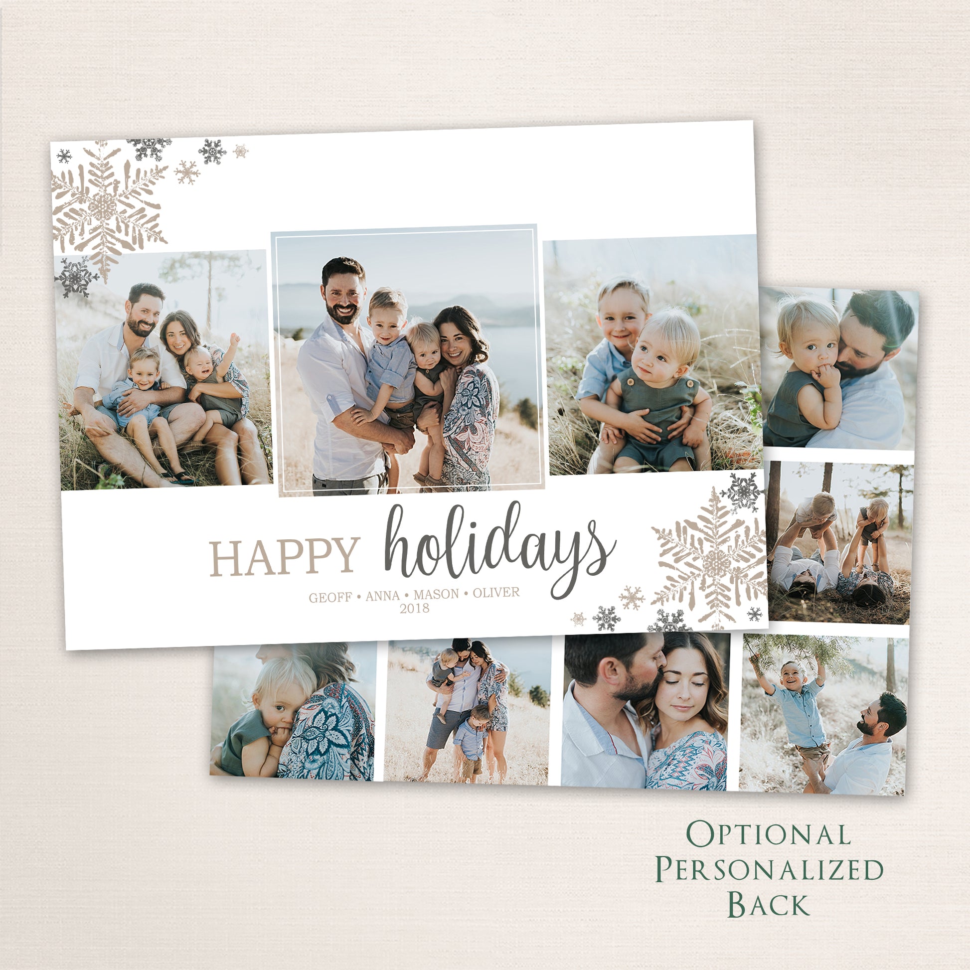 Neutral holiday photo card with “Happy Holidays” in taupe and gray script, featuring a collage of outdoor family photos surrounded by metallic-style snowflake accents and an optional personalized back with additional family images.