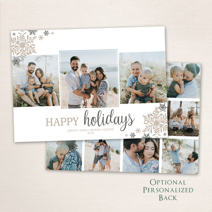 Neutral holiday photo card with “Happy Holidays” in taupe and gray script, featuring a collage of outdoor family photos surrounded by metallic-style snowflake accents and an optional personalized back with additional family images.