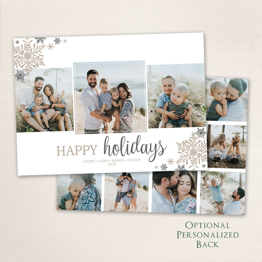 Neutral holiday photo card with “Happy Holidays” in taupe and gray script, featuring a collage of outdoor family photos surrounded by metallic-style snowflake accents and an optional personalized back with additional family images.