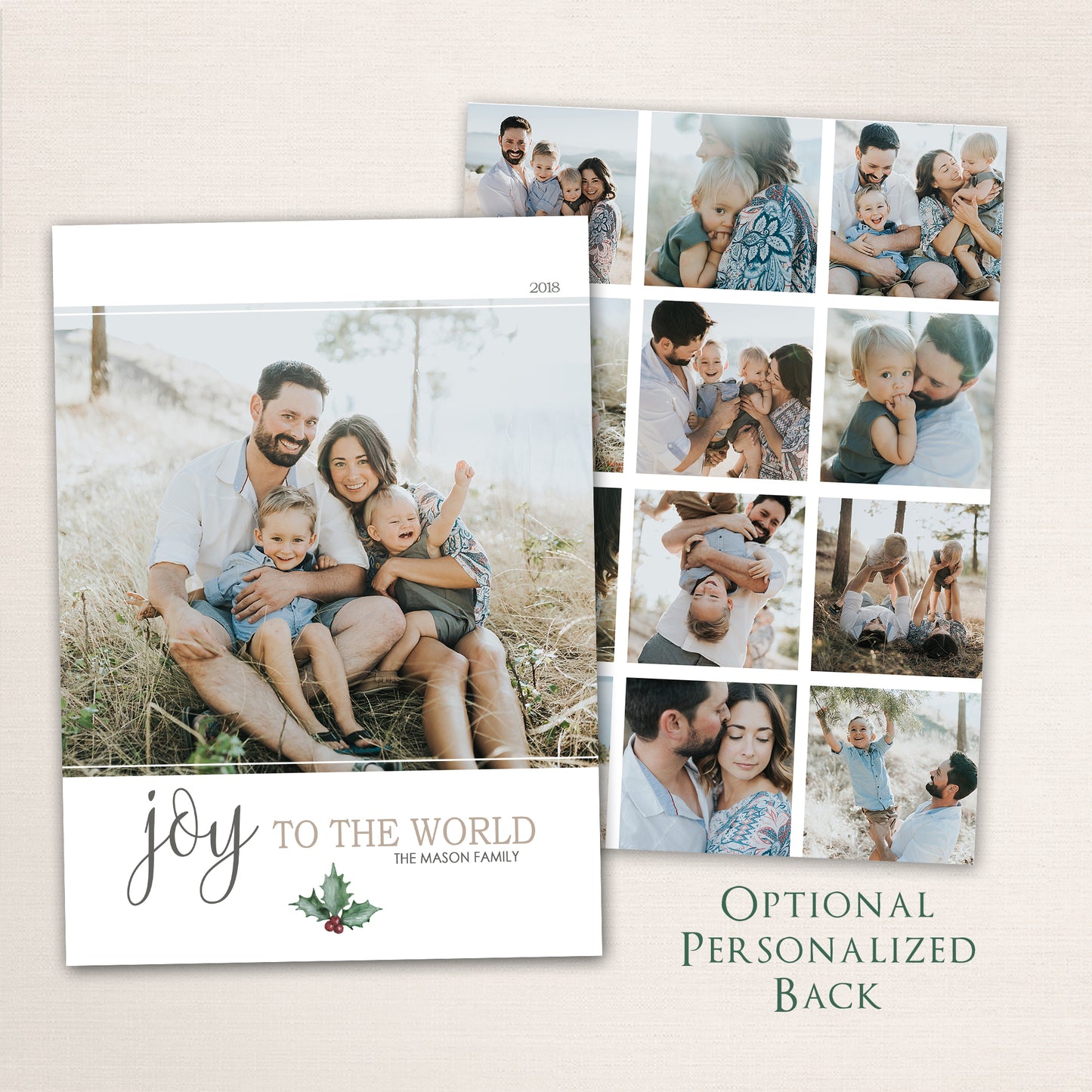 Holiday photo card featuring a full-photo design, “Joy to the World” typography, and customizable back for extra photos.