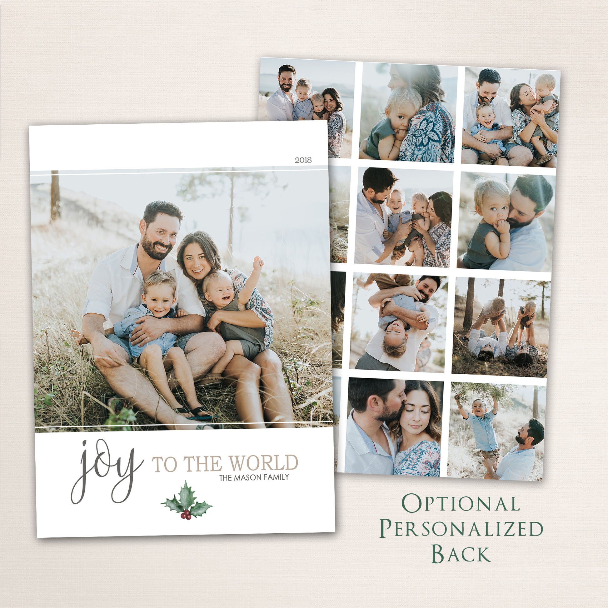 Holiday photo card featuring a full-photo design, “Joy to the World” typography, and customizable back for extra photos.