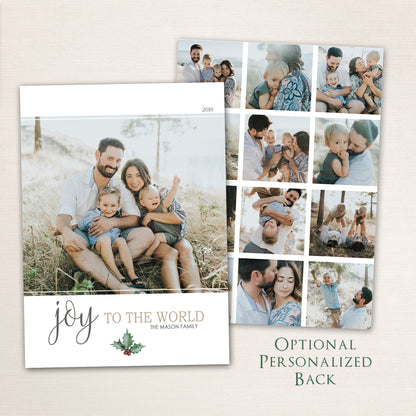 Holiday photo card featuring a full-photo design, “Joy to the World” typography, and customizable back for extra photos.