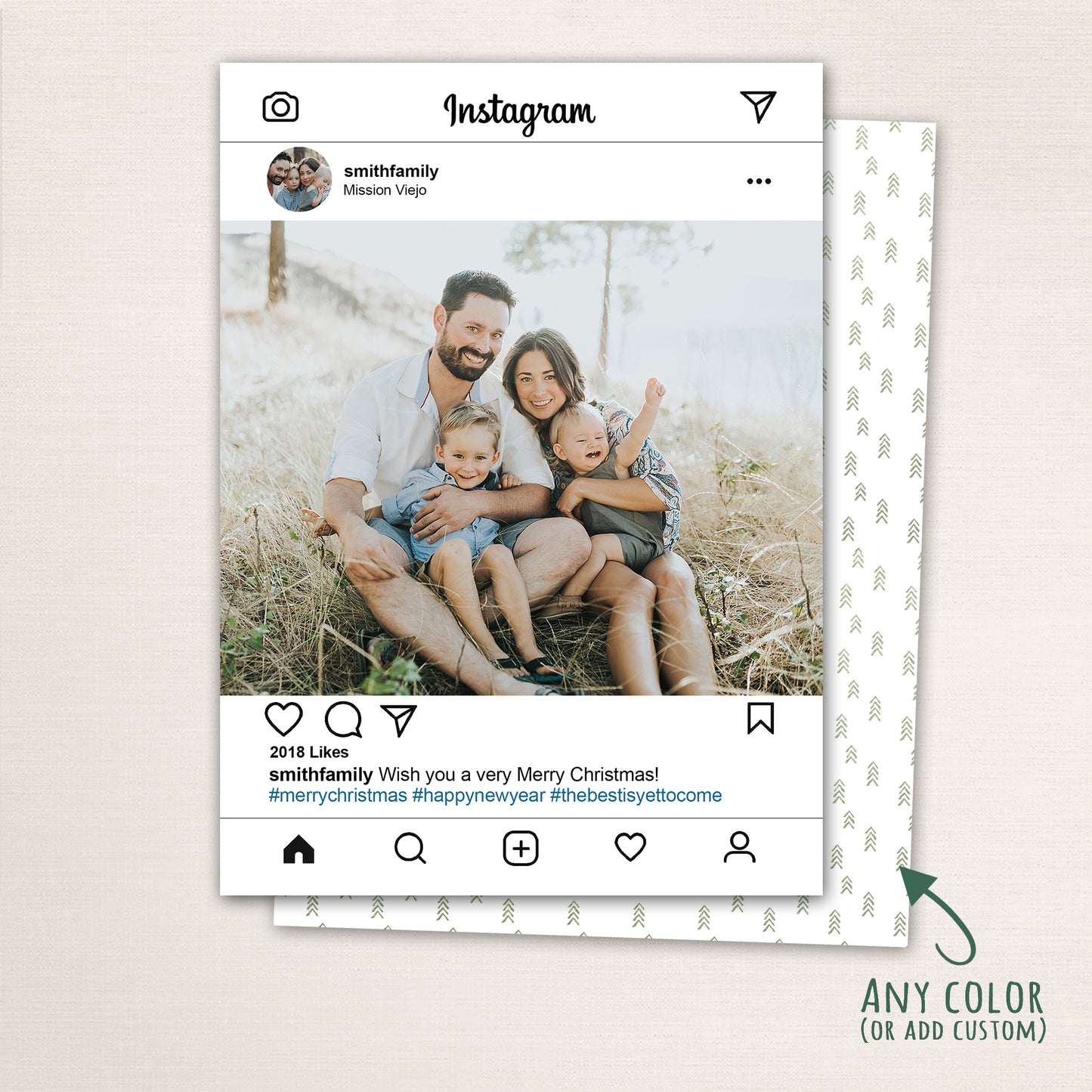 Modern Instagram-style Christmas photo card from Halo Design Shop featuring a family photo in a social media post layout with likes and hashtags, customizable text, and optional multi-photo collage back.