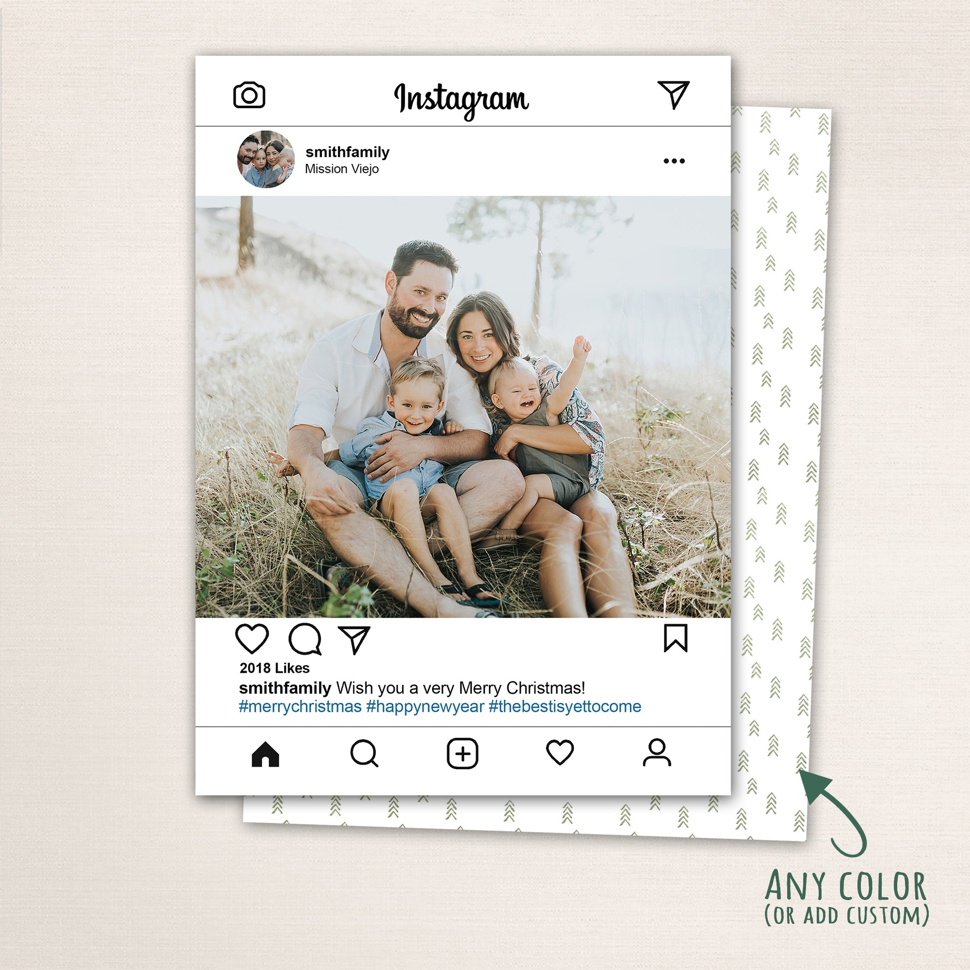 Modern Instagram-style Christmas photo card from Halo Design Shop featuring a family photo in a social media post layout with likes and hashtags, customizable text, and optional multi-photo collage back.