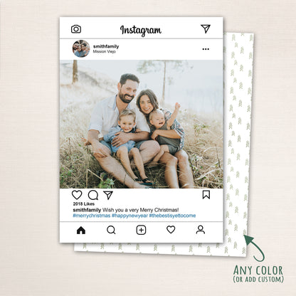 Modern Instagram-style Christmas photo card from Halo Design Shop featuring a family photo in a social media post layout with likes and hashtags, customizable text, and optional multi-photo collage back.