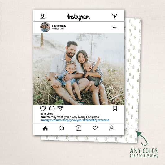 Modern Instagram-style Christmas photo card from Halo Design Shop featuring a family photo in a social media post layout with likes and hashtags, customizable text, and optional multi-photo collage back.