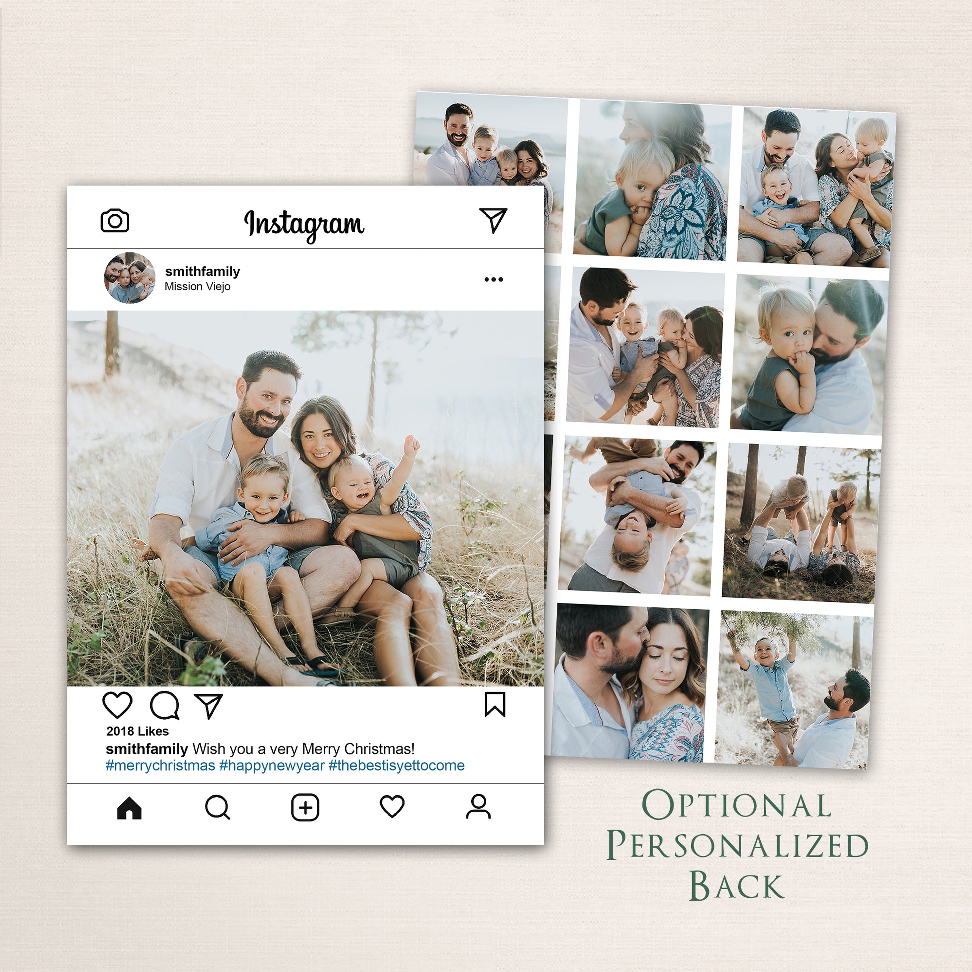 Modern Instagram-style Christmas photo card from Halo Design Shop featuring a family photo in a social media post layout with likes and hashtags, customizable text, and multi-photo collage back.