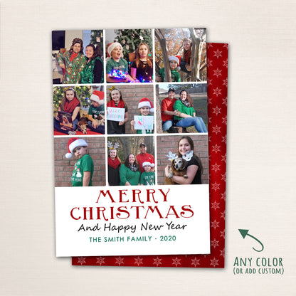 Merry Christmas multi-photo holiday card with a red snowflake pattern, featuring a grid of family photos, Santa hats, and festive typography that reads “Merry Christmas and Happy New Year.”