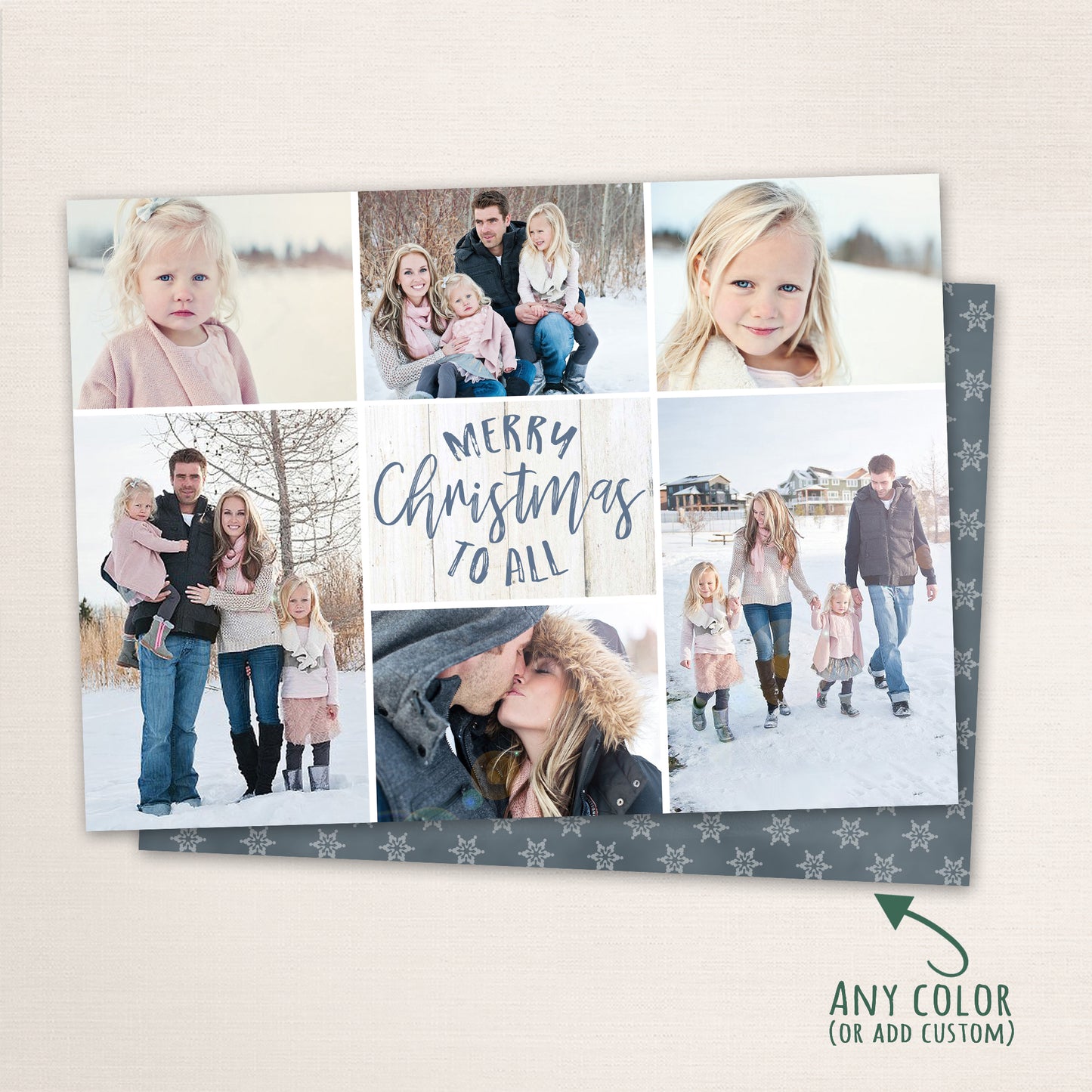Rustic Merry Christmas to All card with 6 family photos and white wood texture background with a snowflake pattern on the back.