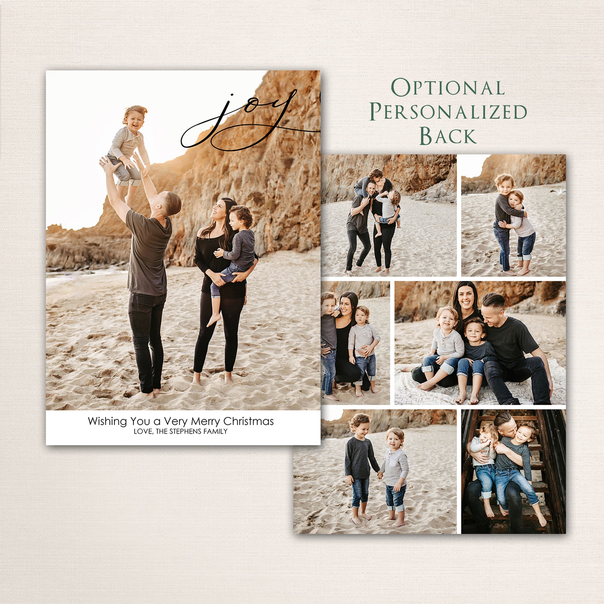 Modern holiday photo card with handwritten “Joy” lettering and optional personalized back for extra family photos.