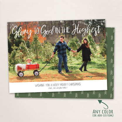 Christian family photo Christmas card with “Glory to God in the Highest” message, classic full-photo layout, and the back has a mini tree pattern.