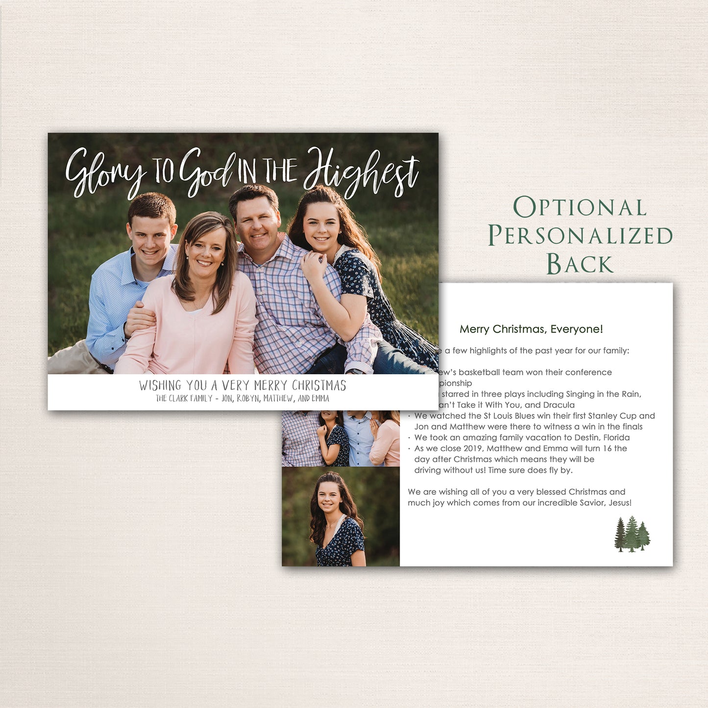 Christian family photo Christmas card with “Glory to God in the Highest” message, classic full-photo layout, and optional back featuring a written family Christmas letter.