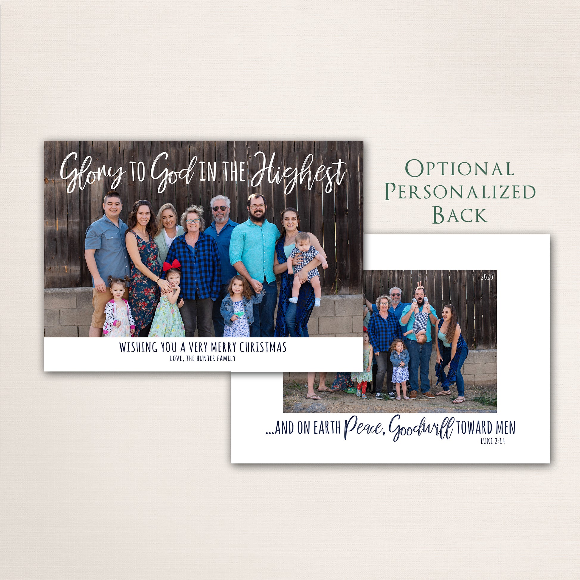 Modern religious holiday card showcasing “Glory to God in the Highest” text over a large family portrait, with optional back including additional photos and scripture verse.