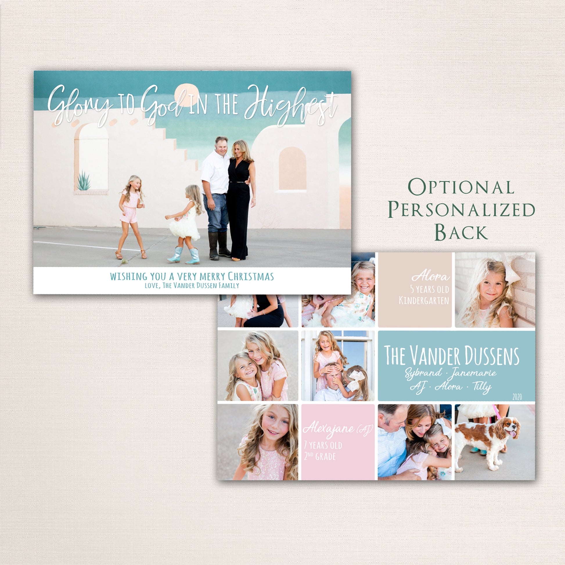 Light and airy faith-inspired Christmas card with “Glory to God in the Highest” design, pastel background, and personalized back highlighting children’s names, ages, and family photos.