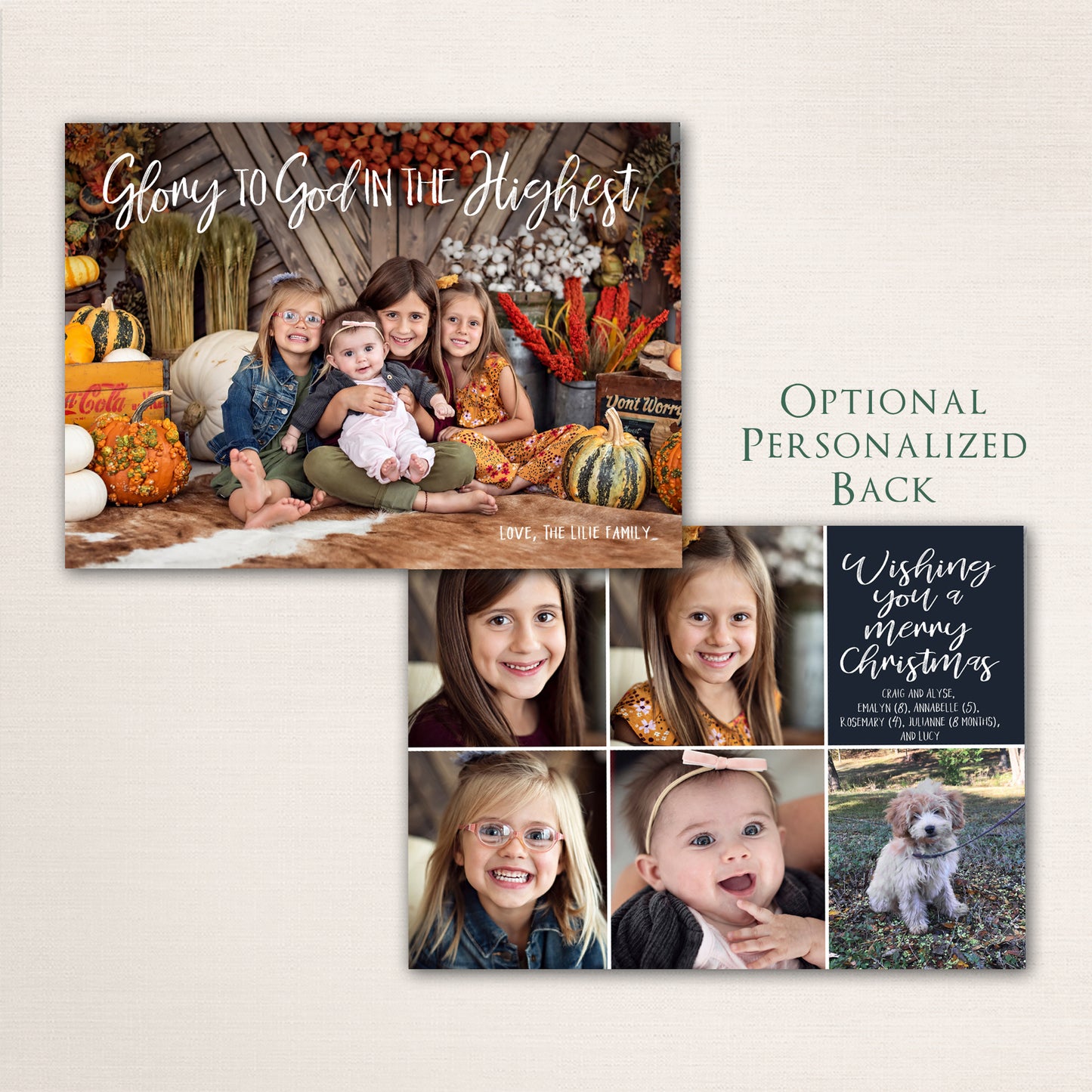 Faith-based Christmas card featuring “Glory to God in the Highest” text, a warm family photo surrounded by autumn pumpkins, and optional personalized back with children’s portraits and holiday message.