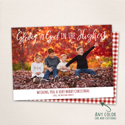 Christian family photo Christmas card with “Glory to God in the Highest” message, classic full-photo layout, and the back has a plaid pattern.