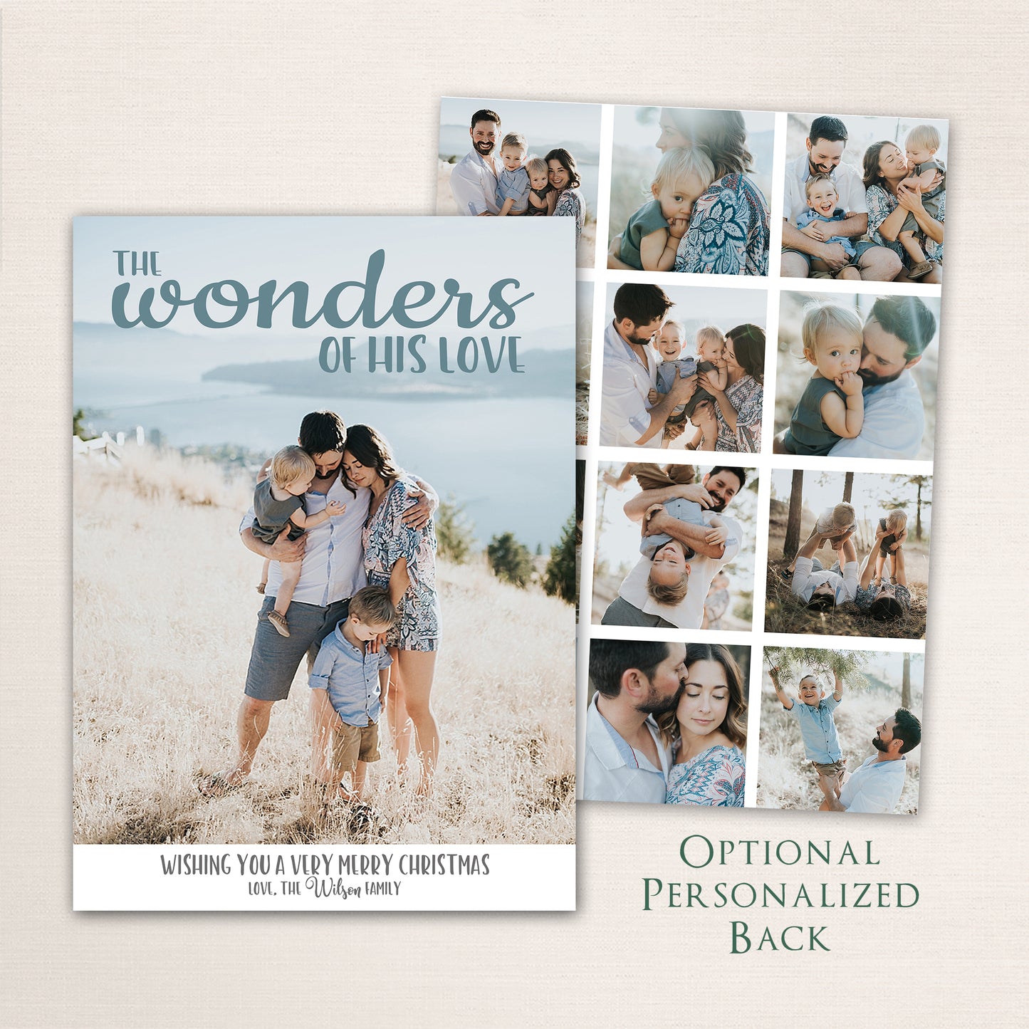 Christian Christmas photo card featuring “The Wonders of His Love” lettering over a full-family photo with personalized back layouts for extra photos.
