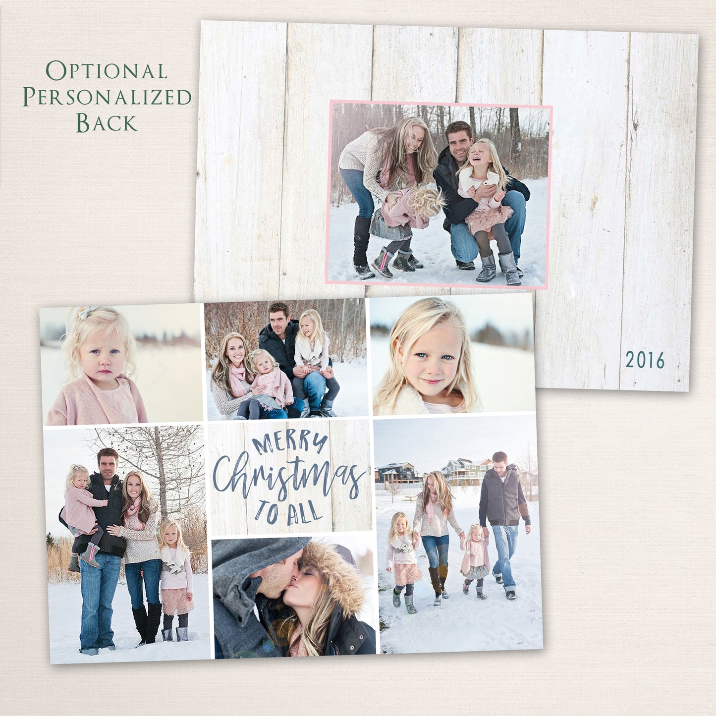 Rustic Merry Christmas to All card with 6 family photos and white wood texture background with an additional photo on the back.